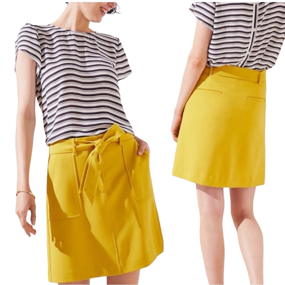 LOFT Textures Belted Lined Skirt Mustard Yellow Pockets Sz 2 - Picture 3 of 16